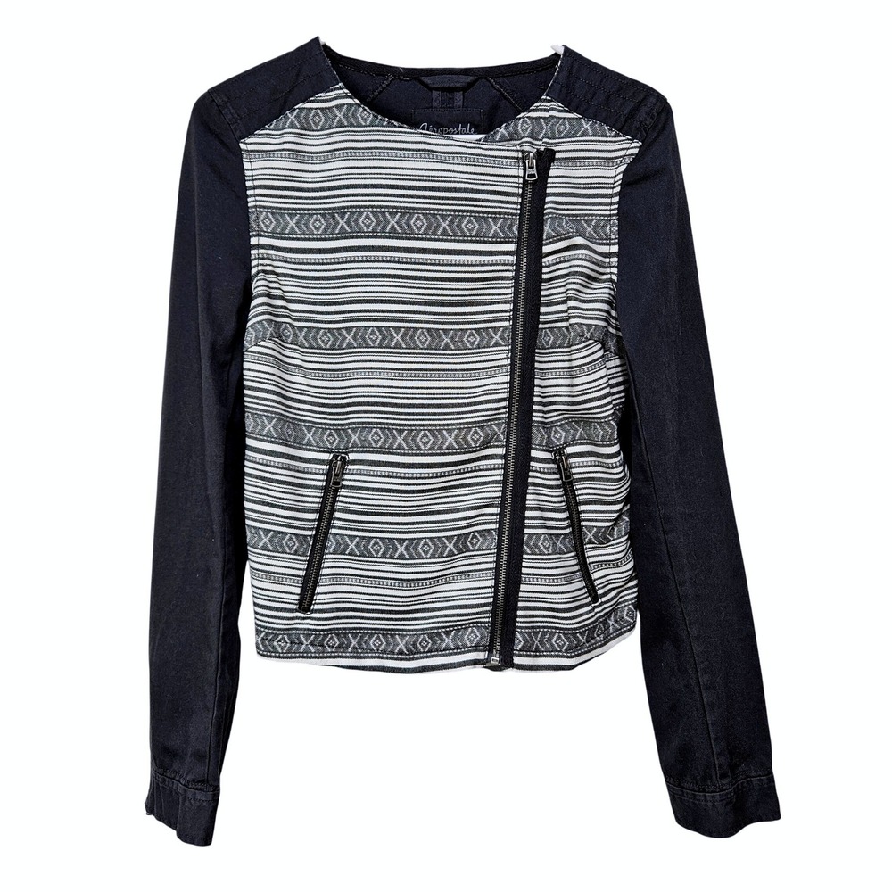 Aeropostale Black Tribal Geometric Asymmetrical Zip Moto Jacket Medium Boho Edgy